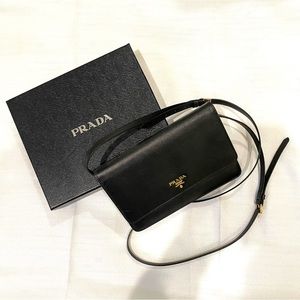 PRADA Saffiano Metal Flap Wallet Leather Strap Black Clutch Crossbody EUC